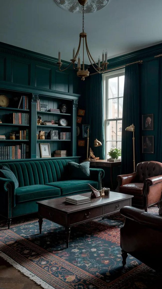Brown Velvet Sofas In Dark Academia Living