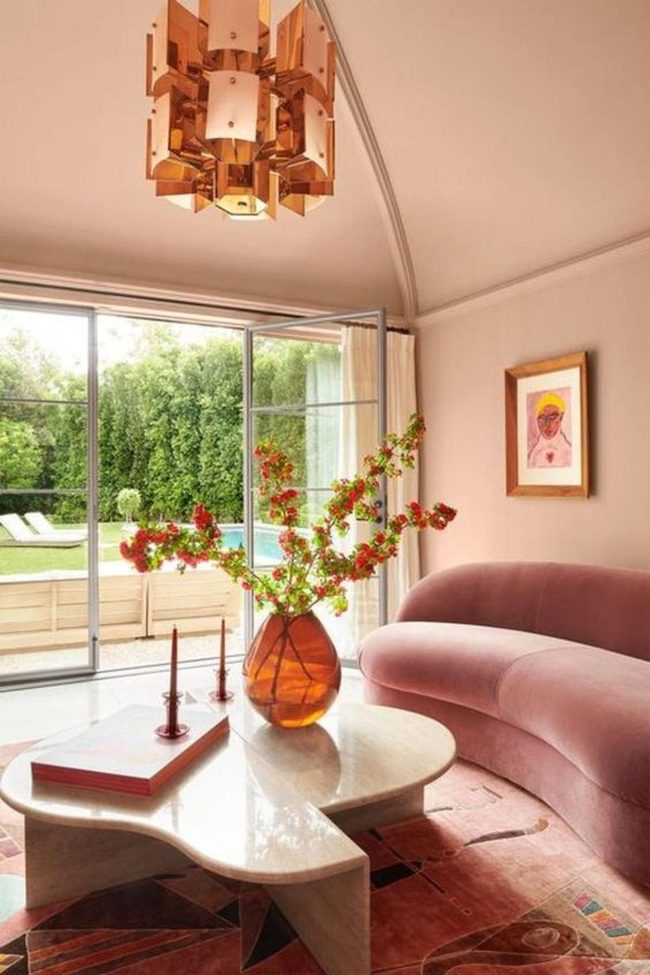 Pink Curved Sofa, Copper Glow