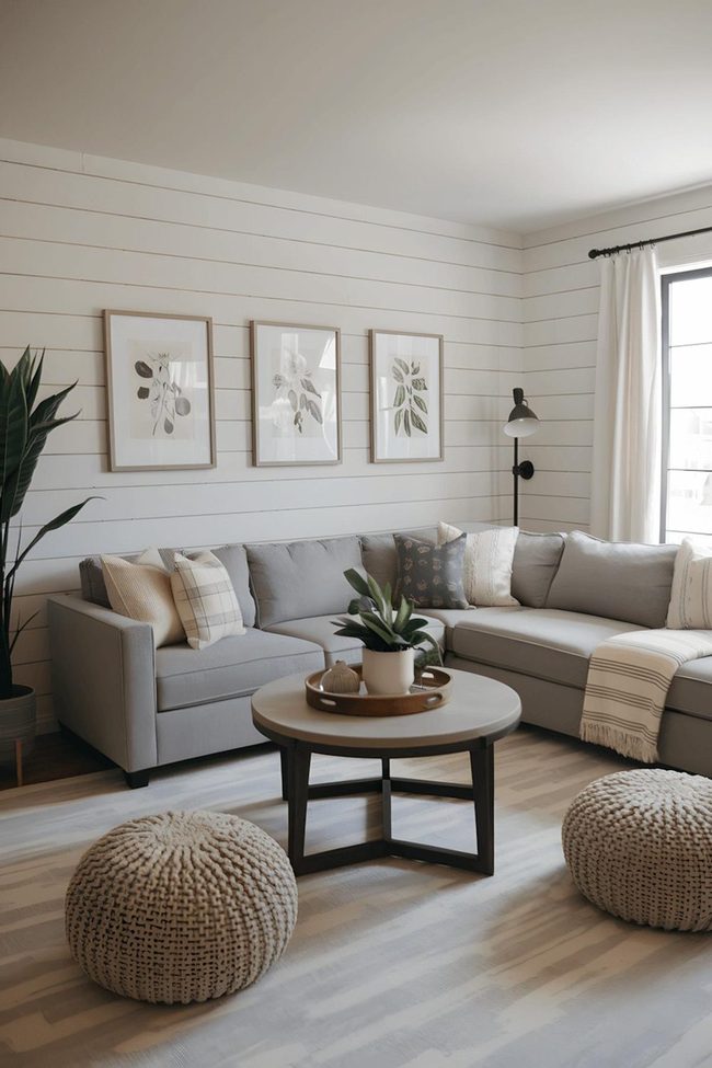 Grey Sectional With Botanical White Walls