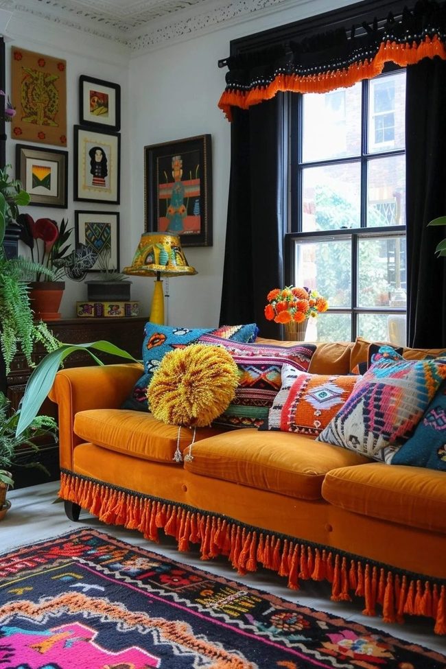 Orange Sofa, Layered Bohemian Retreat
