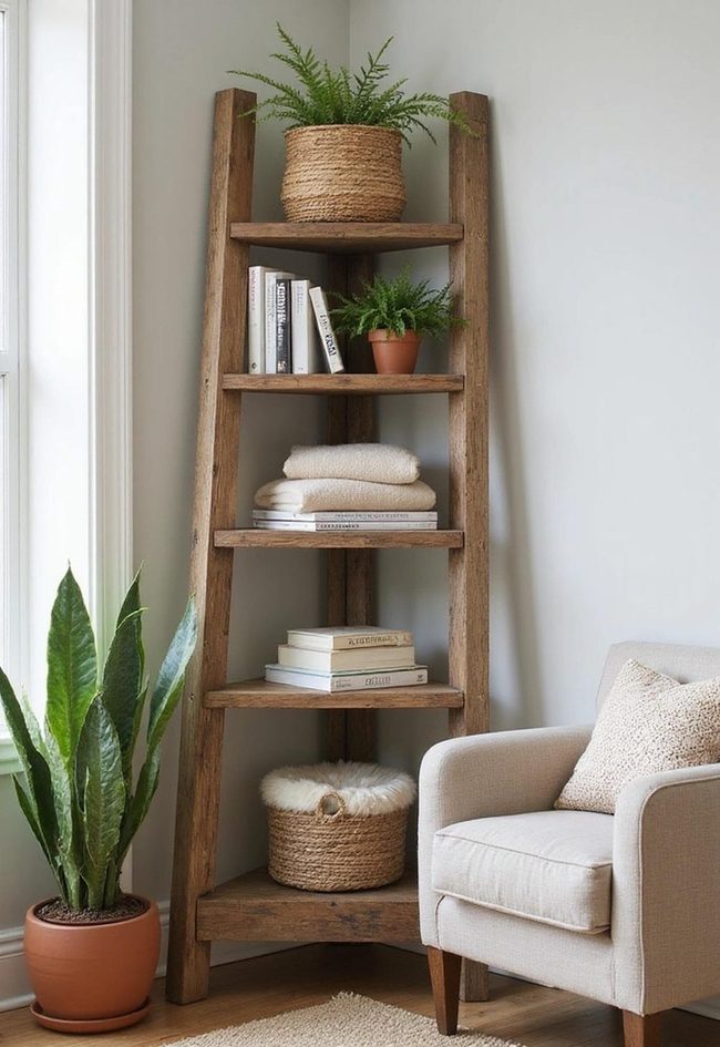 Distressed Teak Corner Ladder Shelves