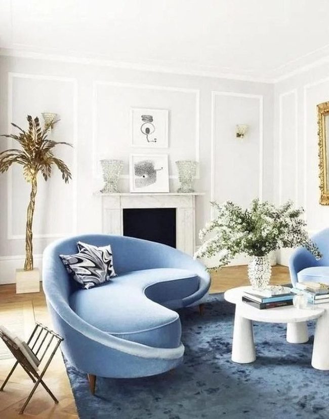 Blue Curved Sofa, Golden Palm Light