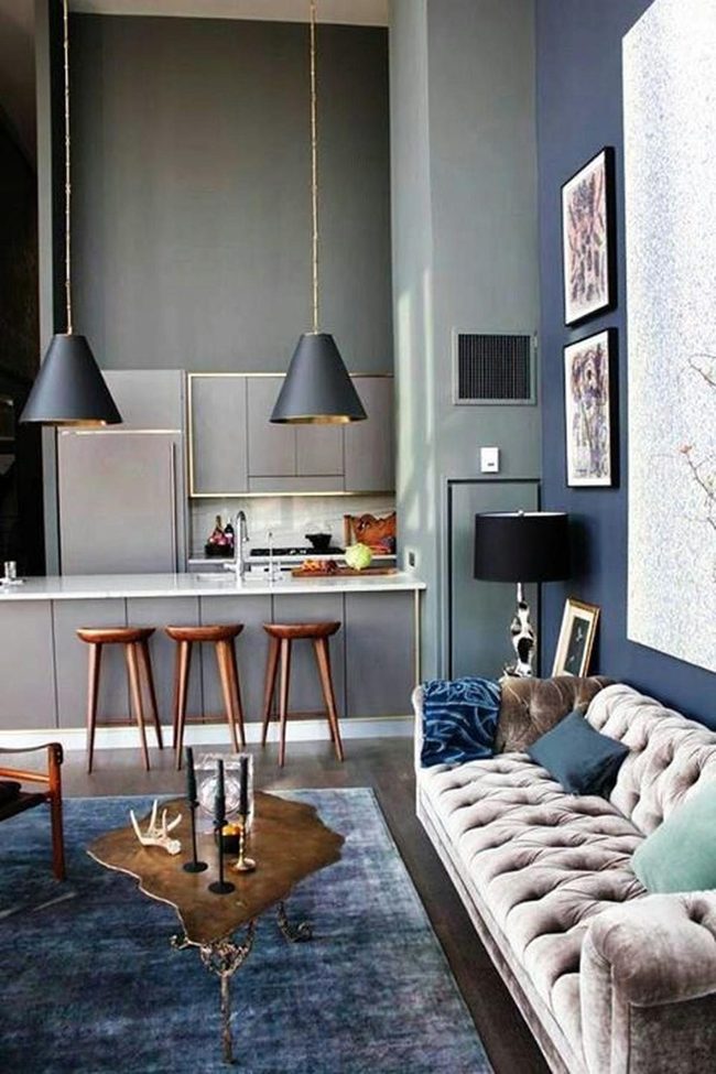 Dark Blue Open Kitchen Living Room