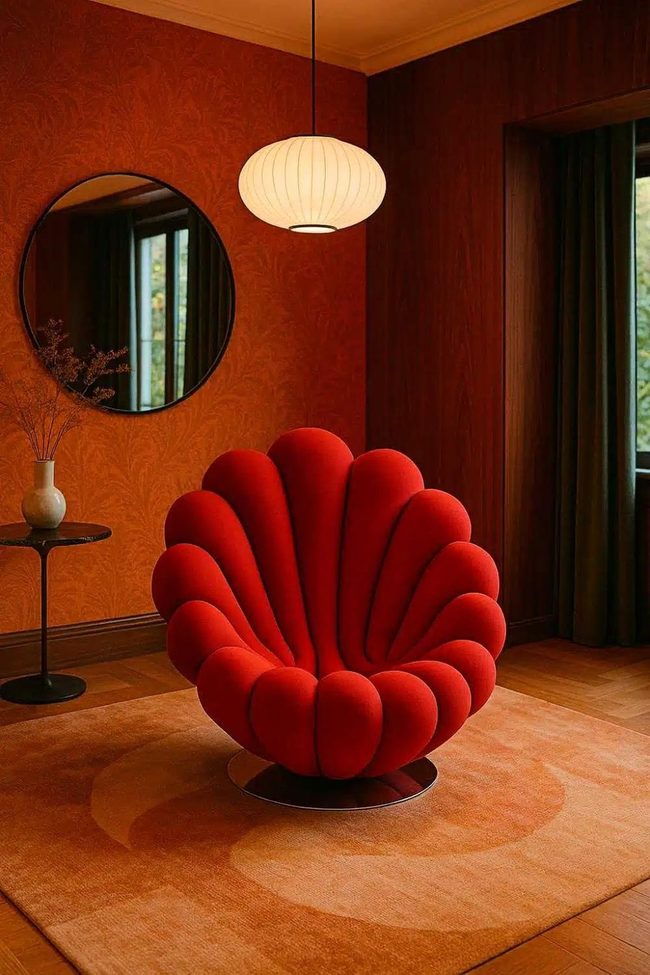 Red Shell Chair Against Terracotta Walls