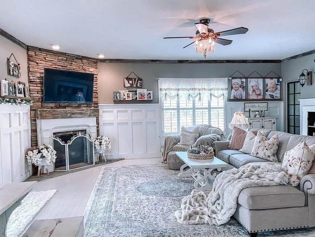 White Stone Fireplace Gathering Space