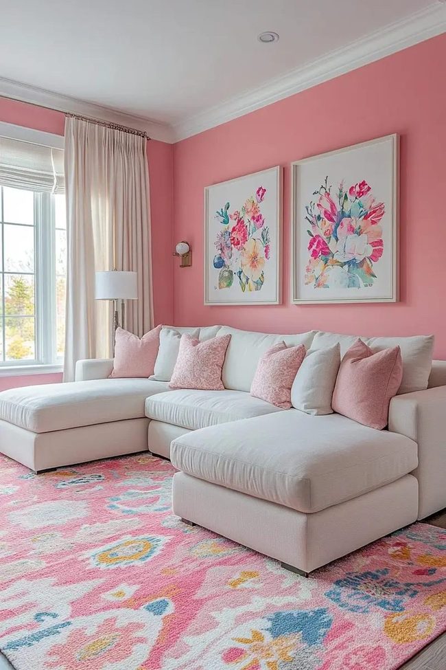 Pale Pink Sectional With Floral Accents