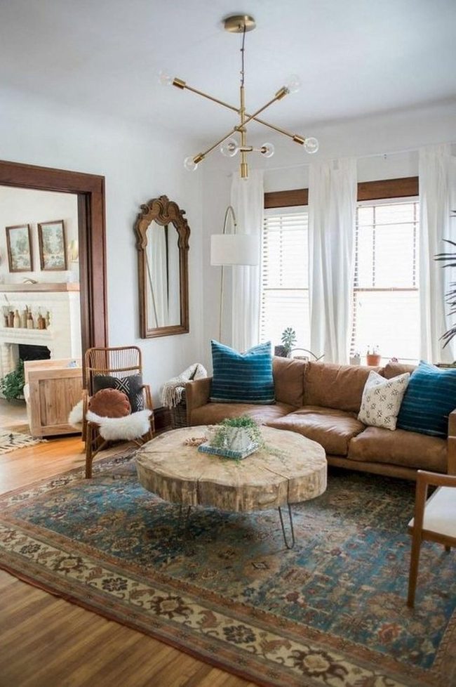Brown Leather Sofa With Jewel-Tone Accents
