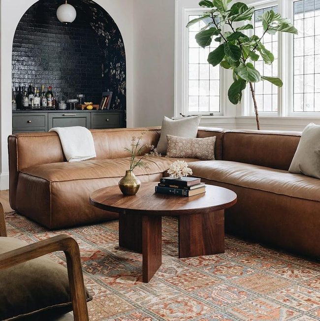 Tan Leather Meets Natural Wood