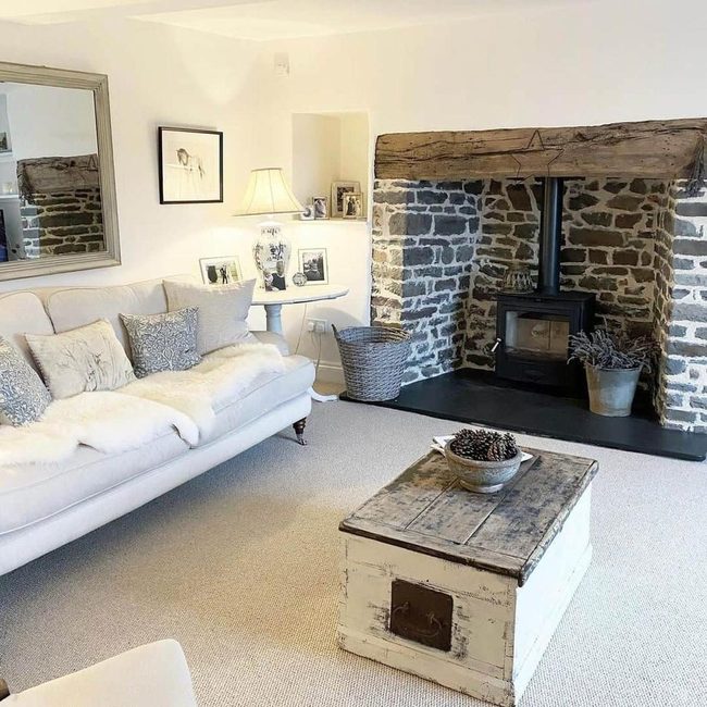 Stone Fireplace With Whitewashed Elegance
