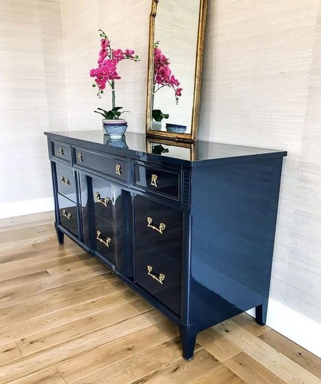 Dark Blue Sideboard With Brass Accents