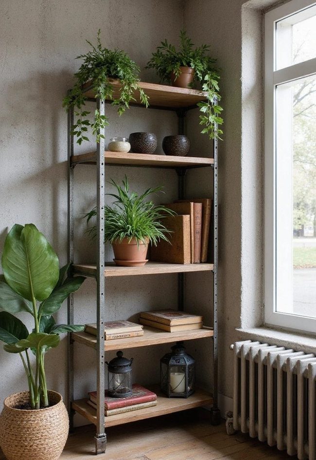Metal Frame Wooden Shelves Corner
