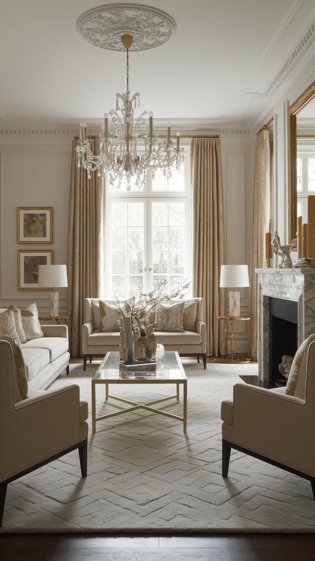 Paired Armchairs, Gold Accents, Ivory Floors