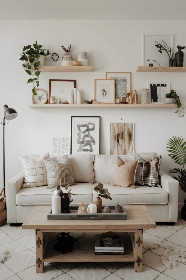 Wooden Shelves With Plants And Neutral Tones