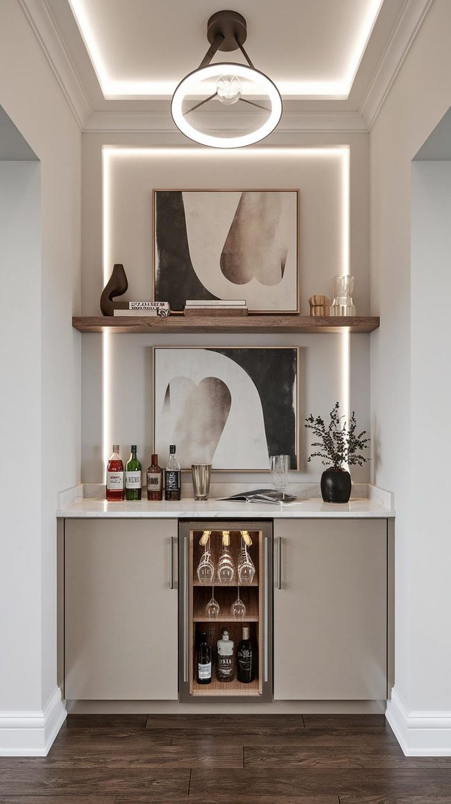 Built-In Bar Meets Glowing Fireplace