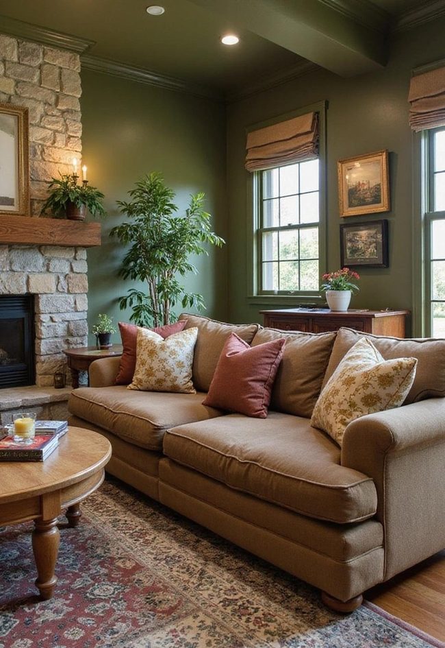 Deep Green Walls With Raw Wood