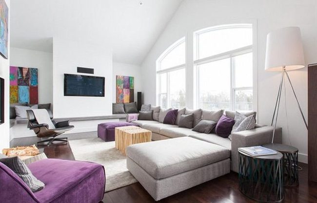 Gray And Purple Living Room With Rustic Coffee Table