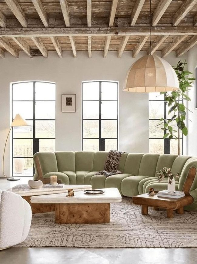 Curved Green Sofa Wood Beams