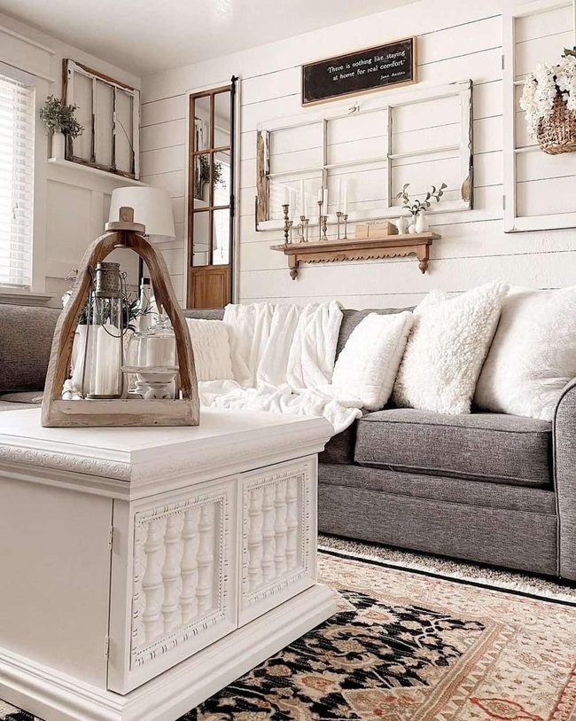 Carved Wood Table With Gray Sectional