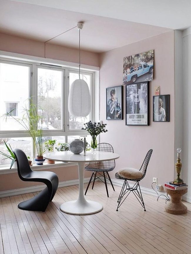 Pink Walls, White Table, Green Plants