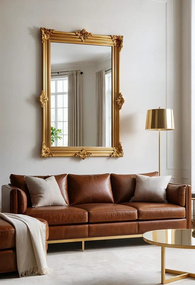 Gold-Framed Mirror Above Leather Couch