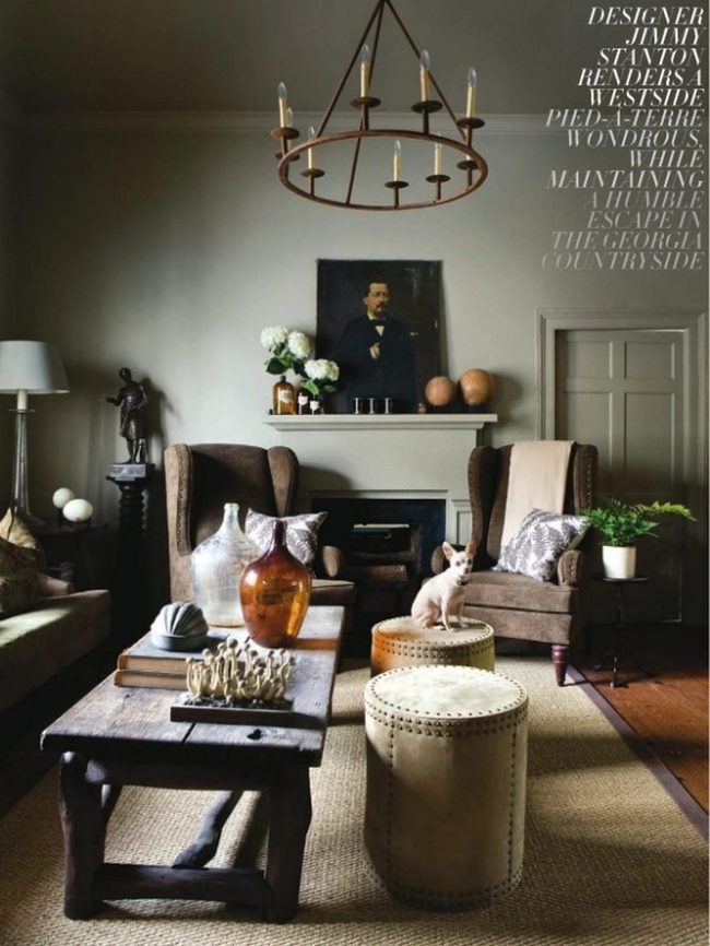 Brown Walls, Nailhead Chairs, Fireplace