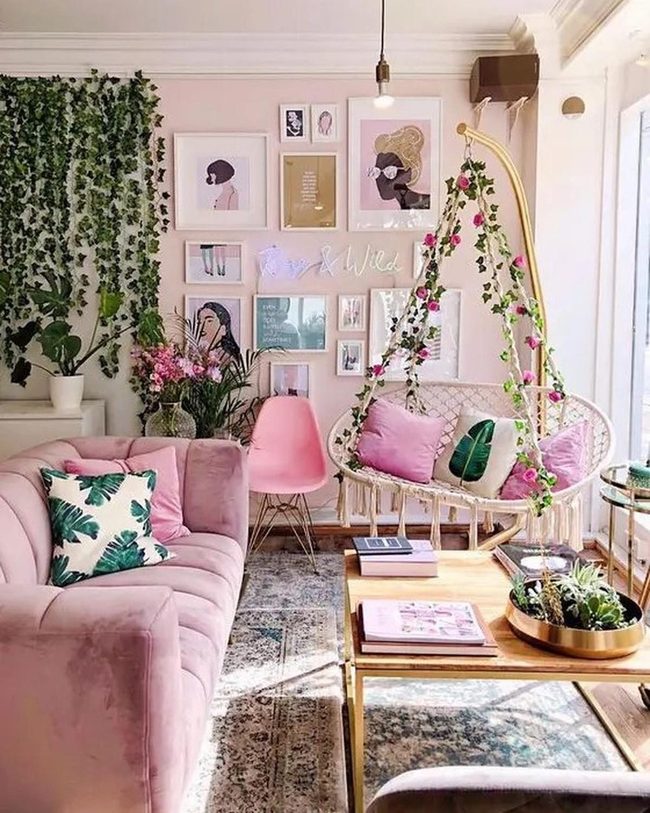 Pink Walls, Greenery, Sunlit Living