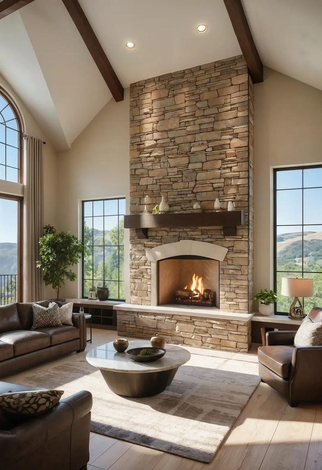 Brown Living Room Stone Feature Wall
