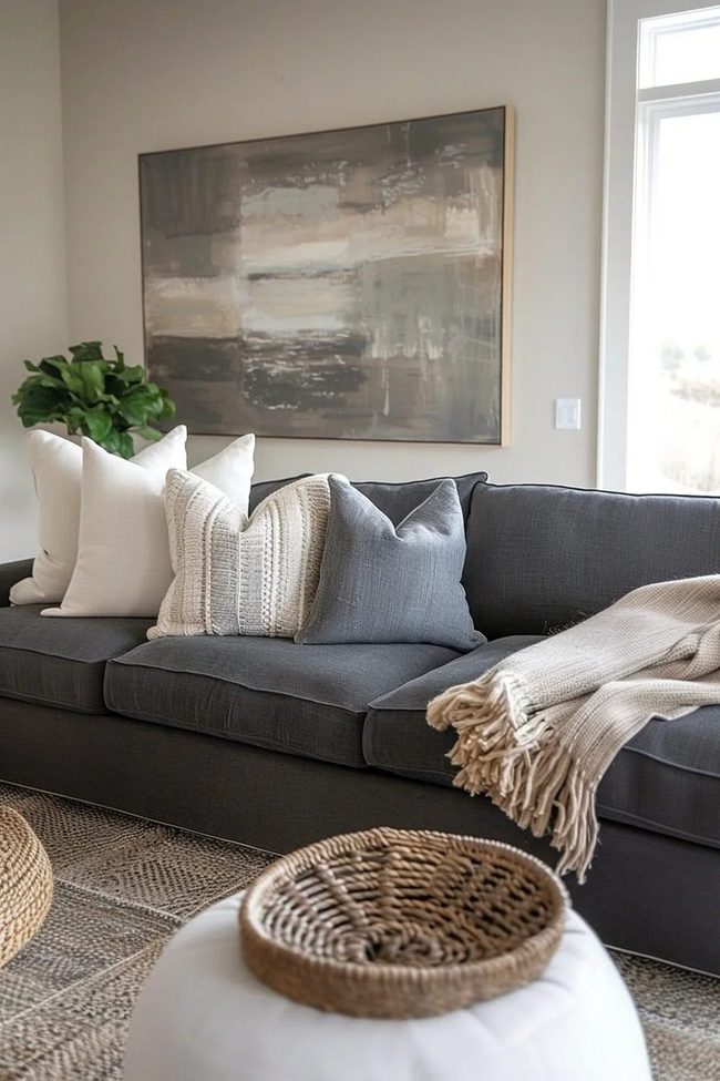 Grey Couch Layered Comfort Zone