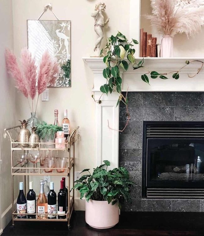 Gold Bar Cart With Pink Pampas Grass