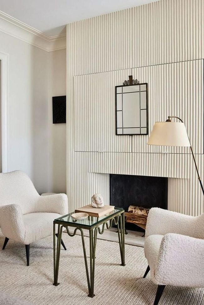 White Chairs, Black Accents, Fireplace