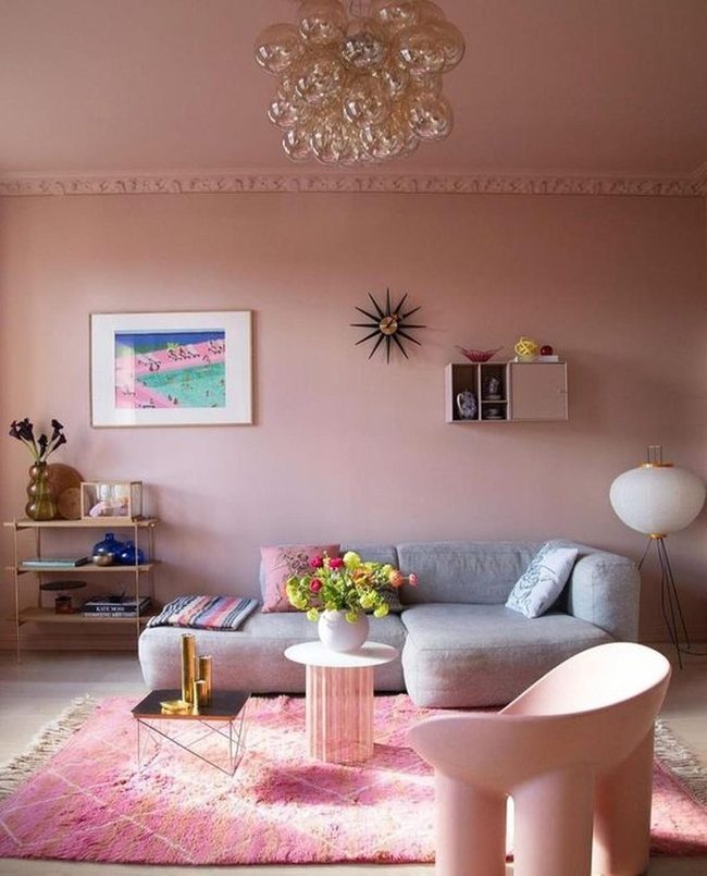 Pink Walls, Gray Sofa, Energetic Space