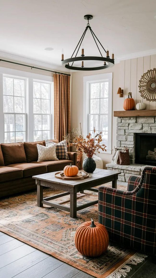 Burnt Orange Sectional With Stone Fireplace