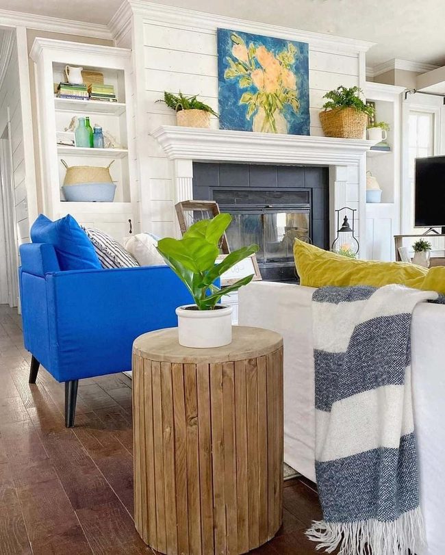 Bright Blue And White Fireplace Room