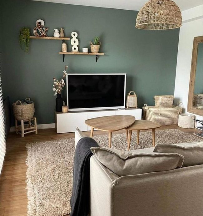 Deep Green Living Room With Wood And Woven Warmth