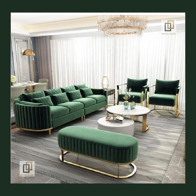 Green Velvet Sofa With Gold Shimmer