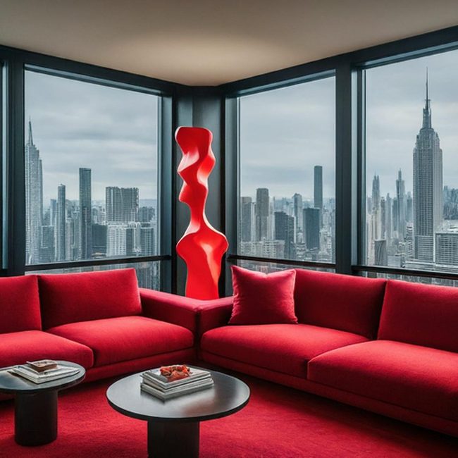 Red Pendant Illumination Dominates Modern Living Room