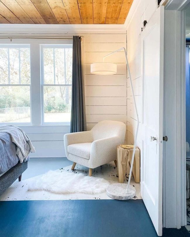 Blue Shiplap Wooden Beams Bedroom