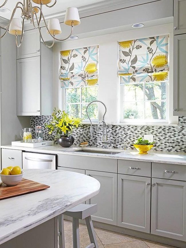 White Kitchen With Floral Window Blinds