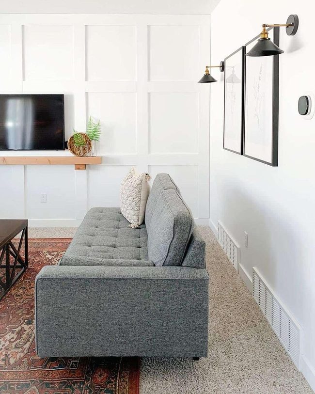 Dark Grey Couch Red Rug Contrast