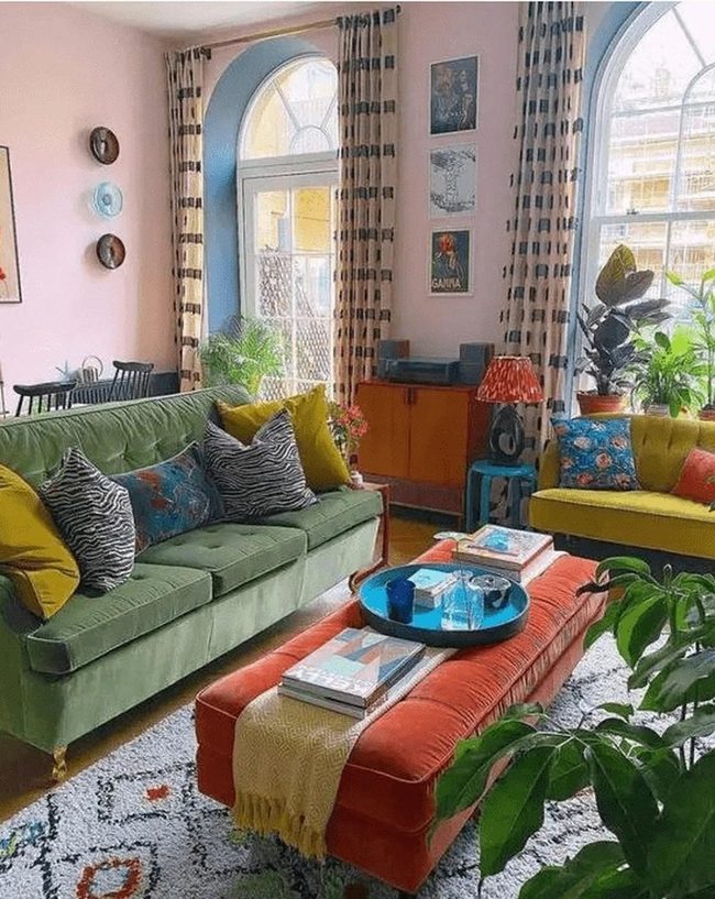 Arched Windows Frame Colorful Living Room
