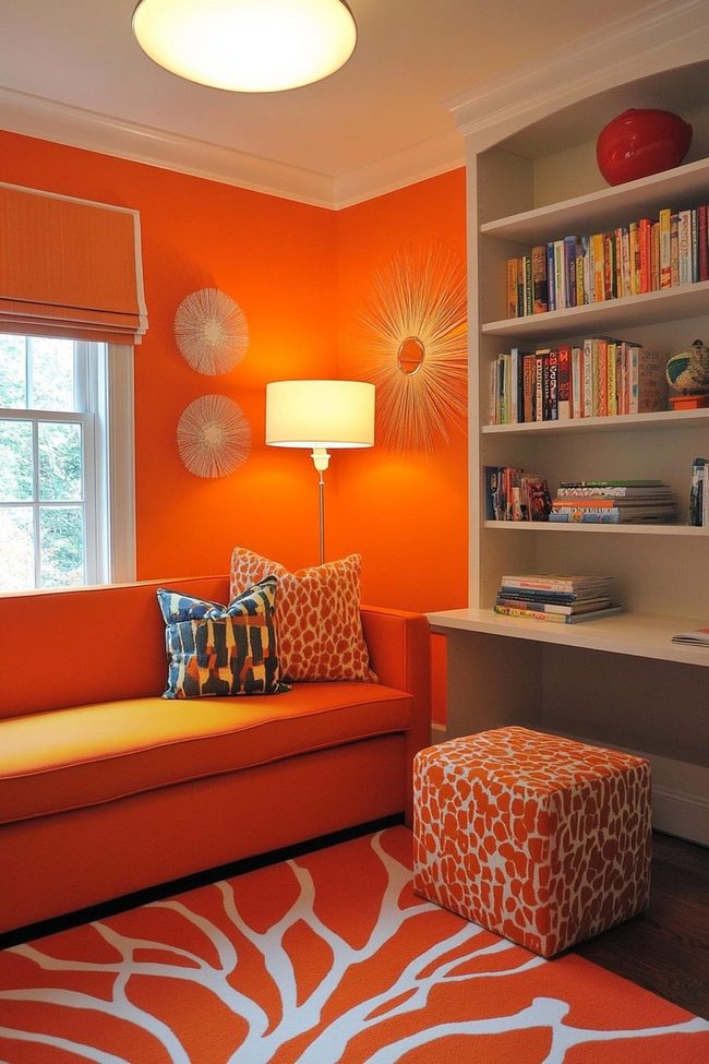 Burnt Orange Reading Corner With Warm Wood