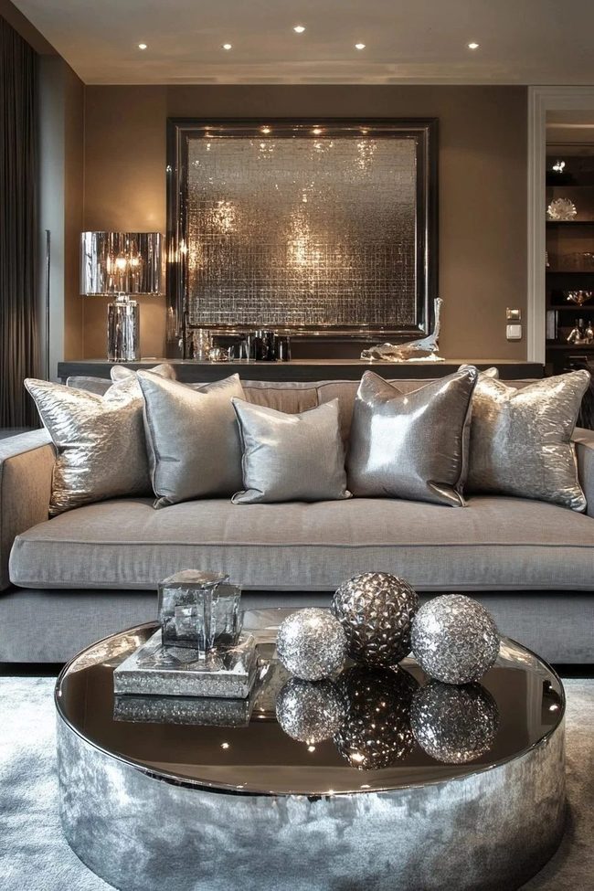 Shiny Metal Accents Grey Sofa