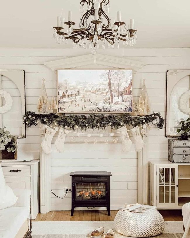 Shiplap Walls Around Brass Chandelier