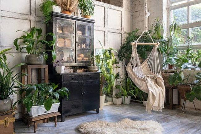 Bookshelf Reading Nook With Hanging Plants