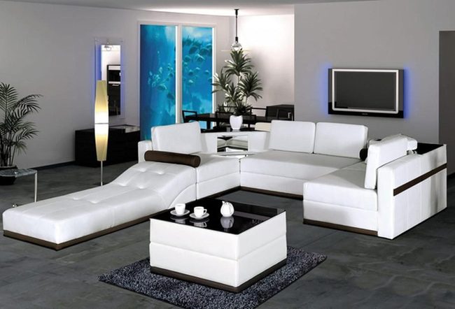 Black Leather Sectional Meets Ocean Blue