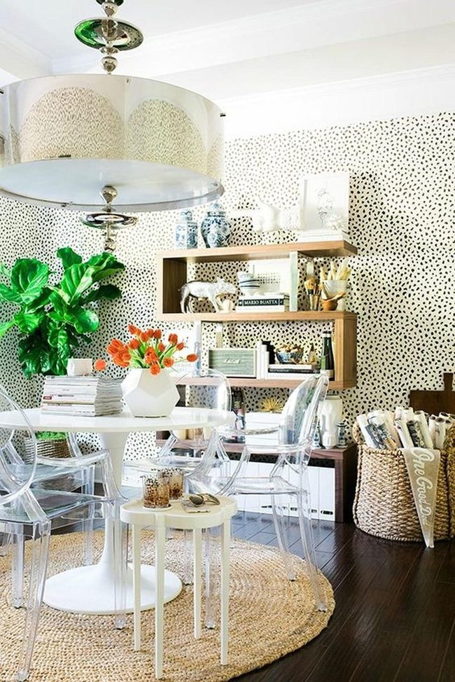 Dotted Wallpaper Dining With Transparent Chairs