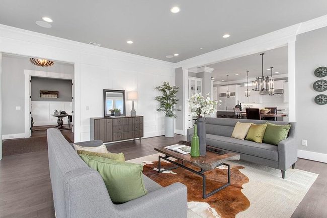 Bright Gray Sofas, Green Accents