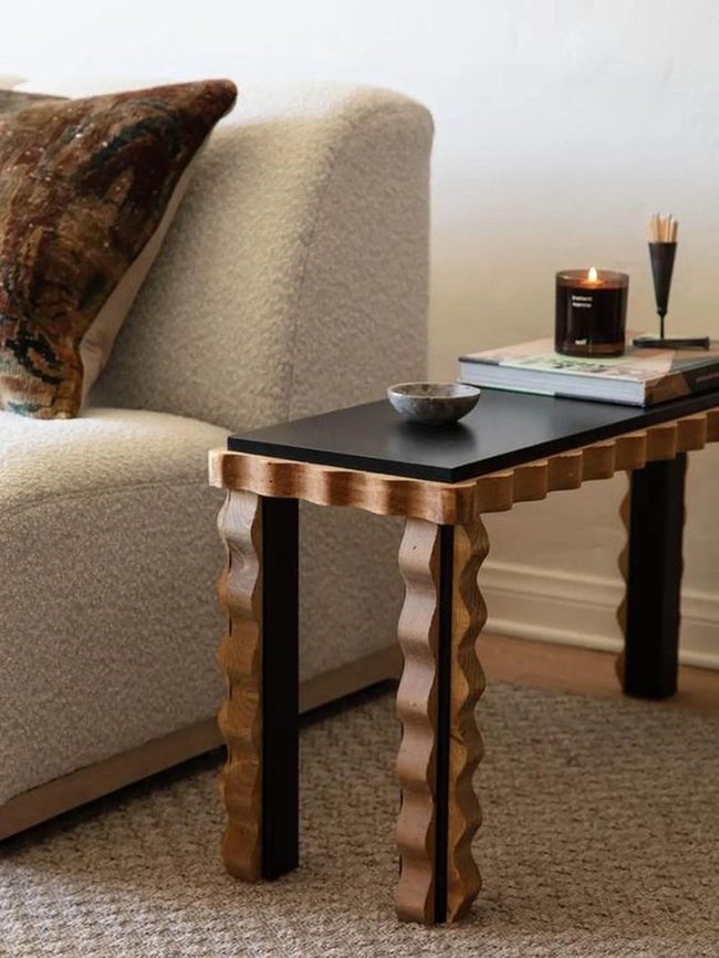 Cream Sofa With Wavy Wooden Table