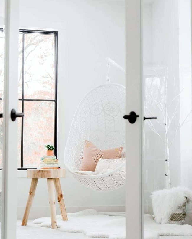 White Egg Chair, Peach Pillow Pop