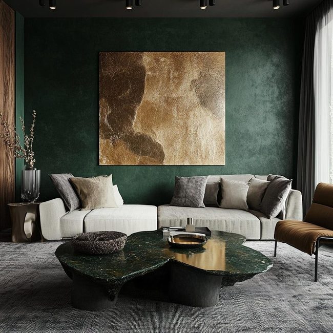 Dark Green Statement Wall with Sculptural Coffee Table